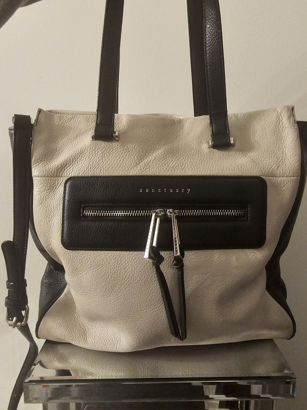 Sanctuary Cream and Black Two-Tone Tote with Front Zip Pocket